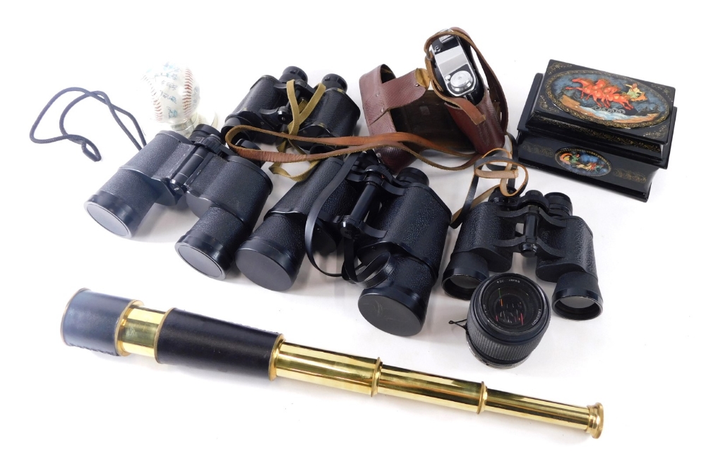 Various binoculars, signed Toronto Baseball, camera lenses, Russian box, 15cm wide. (a quantity)