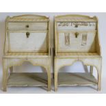 A pair of Scandinavian cream and gilt painted bedside cabinets, each with a raised gallery, with a f
