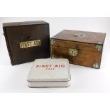 A Victorian rosewood and mother of pearl inlaid work box, (AF), and two first aid boxes. (3)