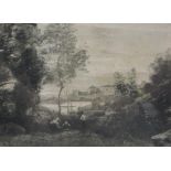 After Corot. Figures in a landscape before buildings, etching, signature to the mount, 16cm x 26cm.