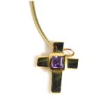 A 9ct gold necklace, attached to a cross pendant, set with purple stone marked 9k, 4.5cm high, 3g al