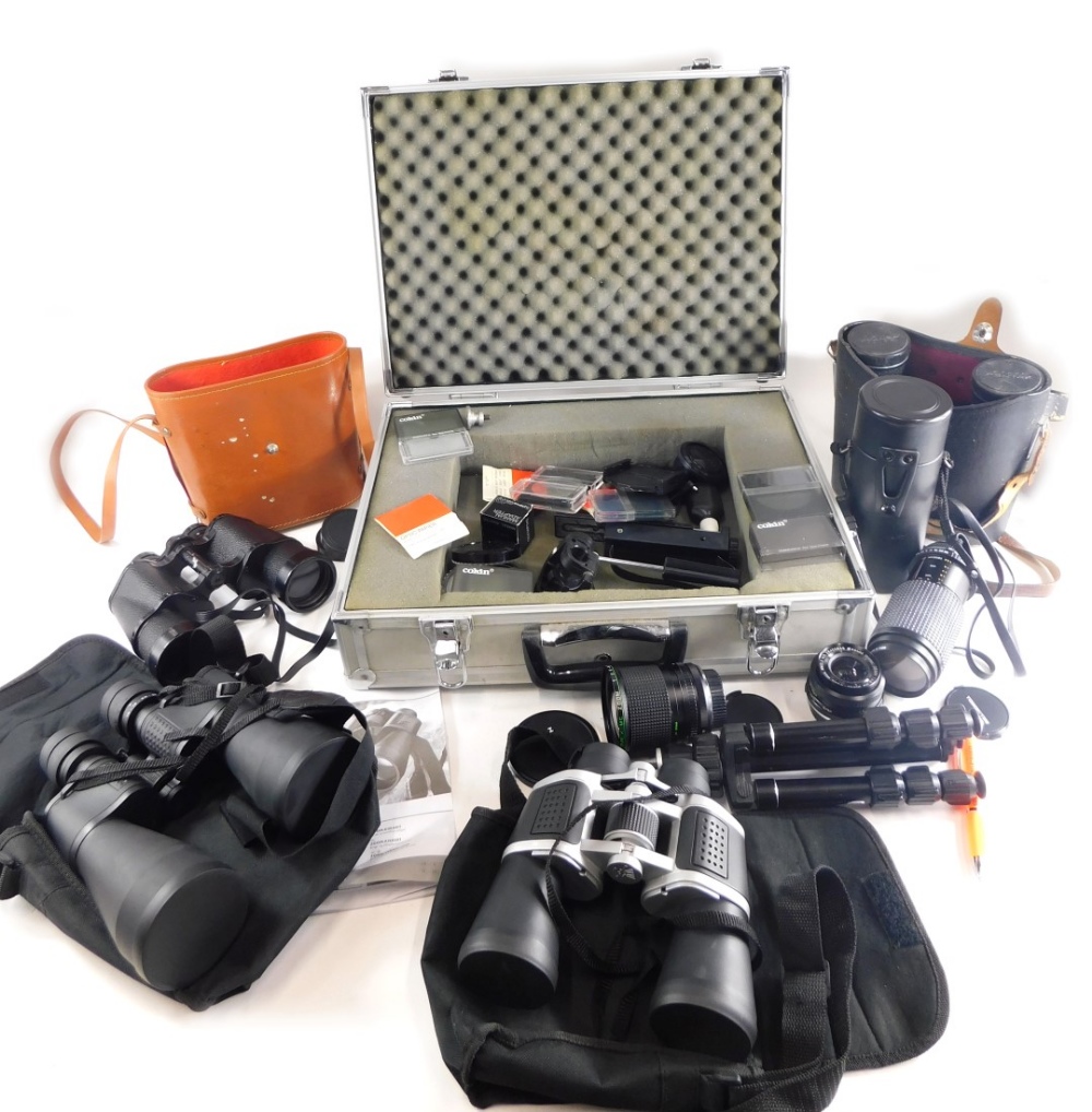 Various cameras, binoculars and related equipment, rectangular camera travel case containing a quant