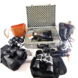 Various cameras, binoculars and related equipment, rectangular camera travel case containing a quant