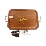 A Sheraton style parquetry tea tray, with galleried edge turned brass handles and centred inlay of m
