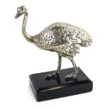 A 20thC silver plated figure of an ostrich, with textured feathers, on ebonised base, unmarked, 20cm