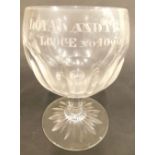 A 19thC Masonic glass, etched to the body Loyal and True Lodge number 4050, on plain cylindrical ste