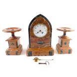 A late 19thC clock garniture, comprising marble mitre shaped clock, 33cm high, with 12cm diameter Ar