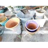 A fire clay planter, various enamel buckets, circular planter, various other items, early 20thC mesh