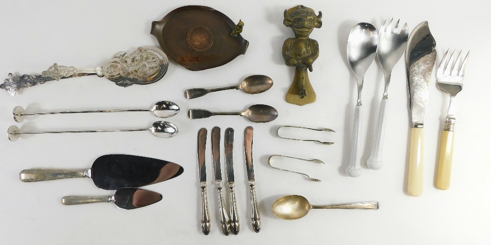 A brass Lincoln Imp door knocker, various silver plated ware, some cased, etc. (a quantity)