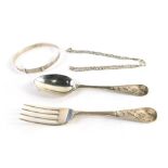 A silver spoon and fork set, raised with kingfisher, necklace, slender silver bangle. (a quantity)