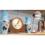 An early 20thC bugle, Anglepoise lamp in red, pair of glass vases, and an oak cased mantel clock.