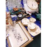 Various wallets, blue and white cheese dish, prints, pictures, floral part tea service, metalware, A