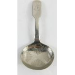 A fiddle pattern caddy spoon, with etched bowl, partially initialled.