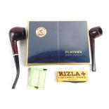 Various cigarette related items, two pipes, bygone Rizla, and cased set of Players Finest Virginia c