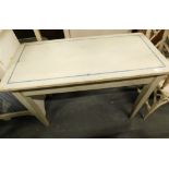 A painted Scandinavian side table, with blue detailing, square tapering legs. 74cm by 97 cm