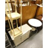 A cream painted three tier whatnot, small painted cupboard with four drawers and a door, and a metal