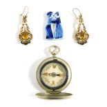 A cat brooch, hunter pocket watch, elaborate scroll work earrings, set with citrine coloured stones.
