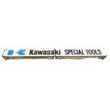 A Kawasaki Special Tools advertising sign, on blue metal frame with white vinyl frontage, 184cm wide