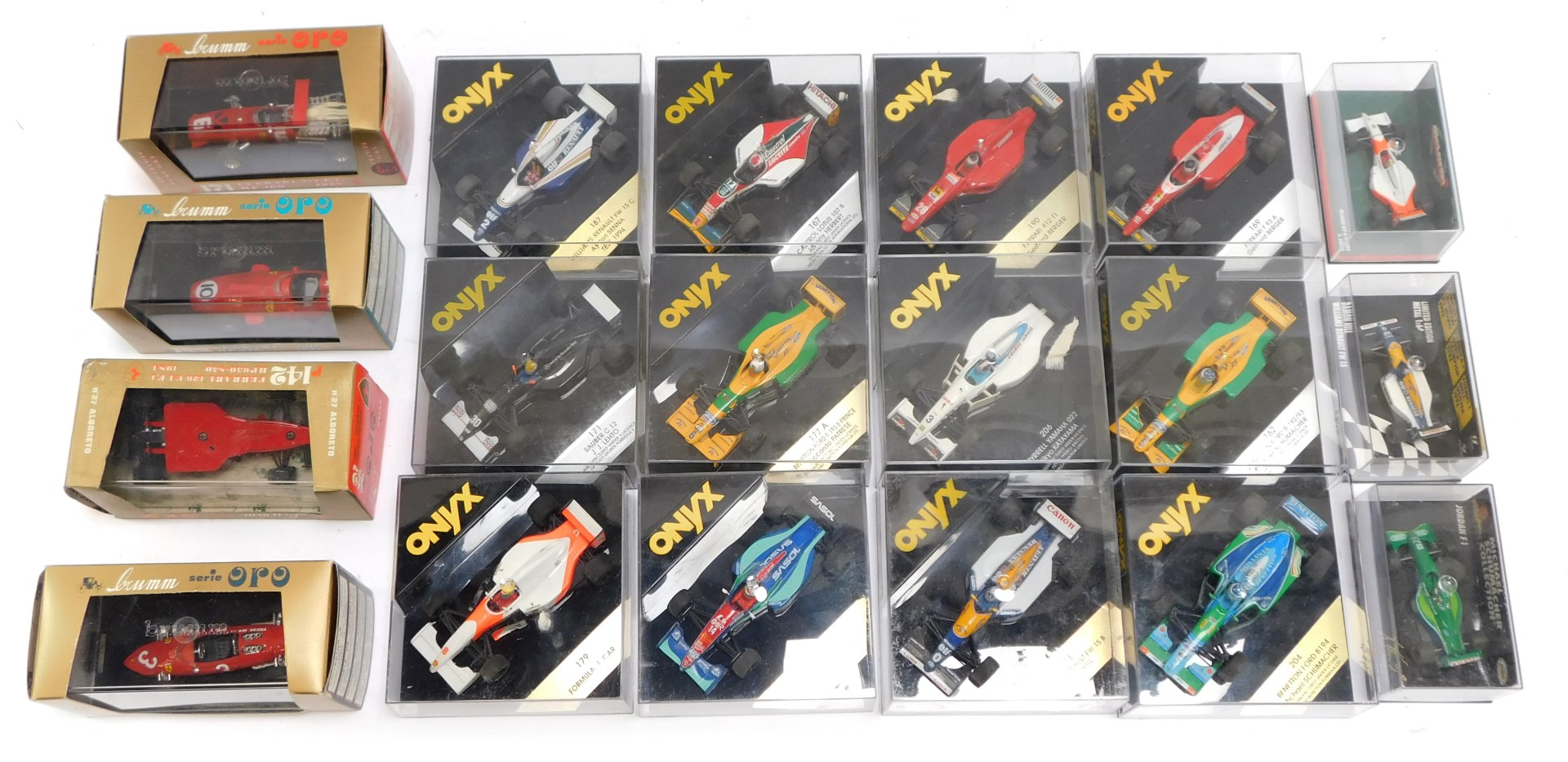 Onyx diecast F1 and other racing cars, comprising 167 Castrol Lotus, 187 Williams Renault, 190 Ferra