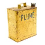 A Plume Motor Spirit can, in yellow with attachment, 31cm high, 23cm wide, 15cm deep.