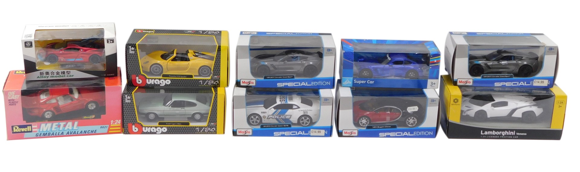 Ten diecast vehicles, 1:24 scale, comprising the Burago Ford Capri 1982, the Revell Gemballa Avalanc