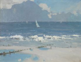 Herbert Rollett (1872-1932). Seascape, yacht on calm waters, oil on canvas, signed, indistinct hand