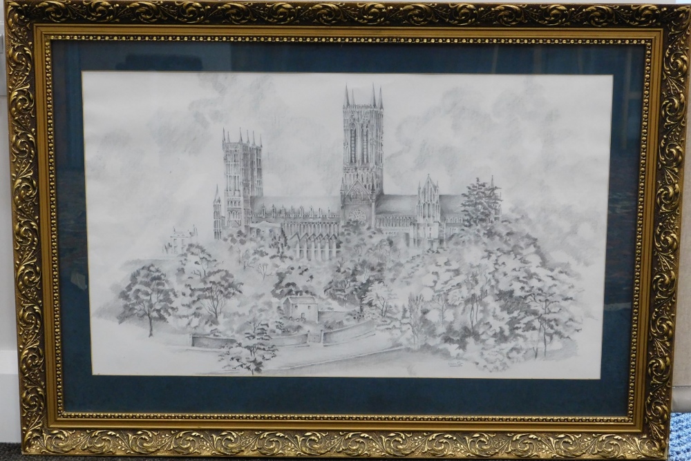 Hunter (20thC). Lincoln Cathedral, pencil, signed, 34cm x 58cm. - Bild 2 aus 5