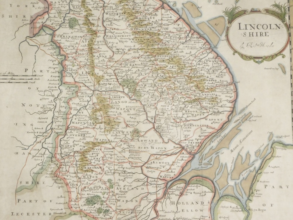After Morden. An early map of Lincolnshire, in colours, 37cm x 45cm.