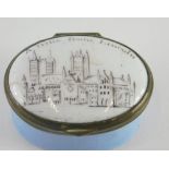 A Trifle from Lincoln enamel patch box, of oval form, with mirror to the lid, with Lincoln Cathedral