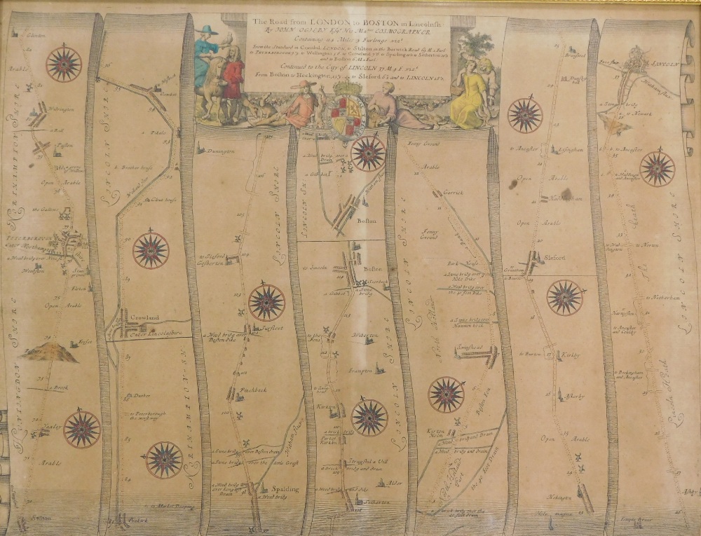 After Ogleby. Road from London to Boston in Lincolnshire map in colours, 34cm x 44cm, and a late pla