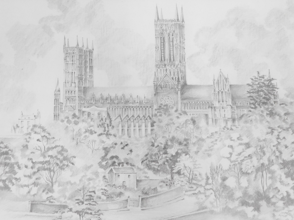 Hunter (20thC). Lincoln Cathedral, pencil, signed, 34cm x 58cm. - Bild 3 aus 5