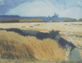 Michael Fairclough (b.1940). Lincolnshire hayfield with Cathedral in the distance, artist proof no.