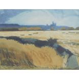 Michael Fairclough (b.1940). Lincolnshire hayfield with Cathedral in the distance, artist proof no.