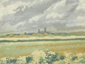 Michael Fairclough (b.1940). Lincolnshire fields with the Cathedral in the distance, artist proof no