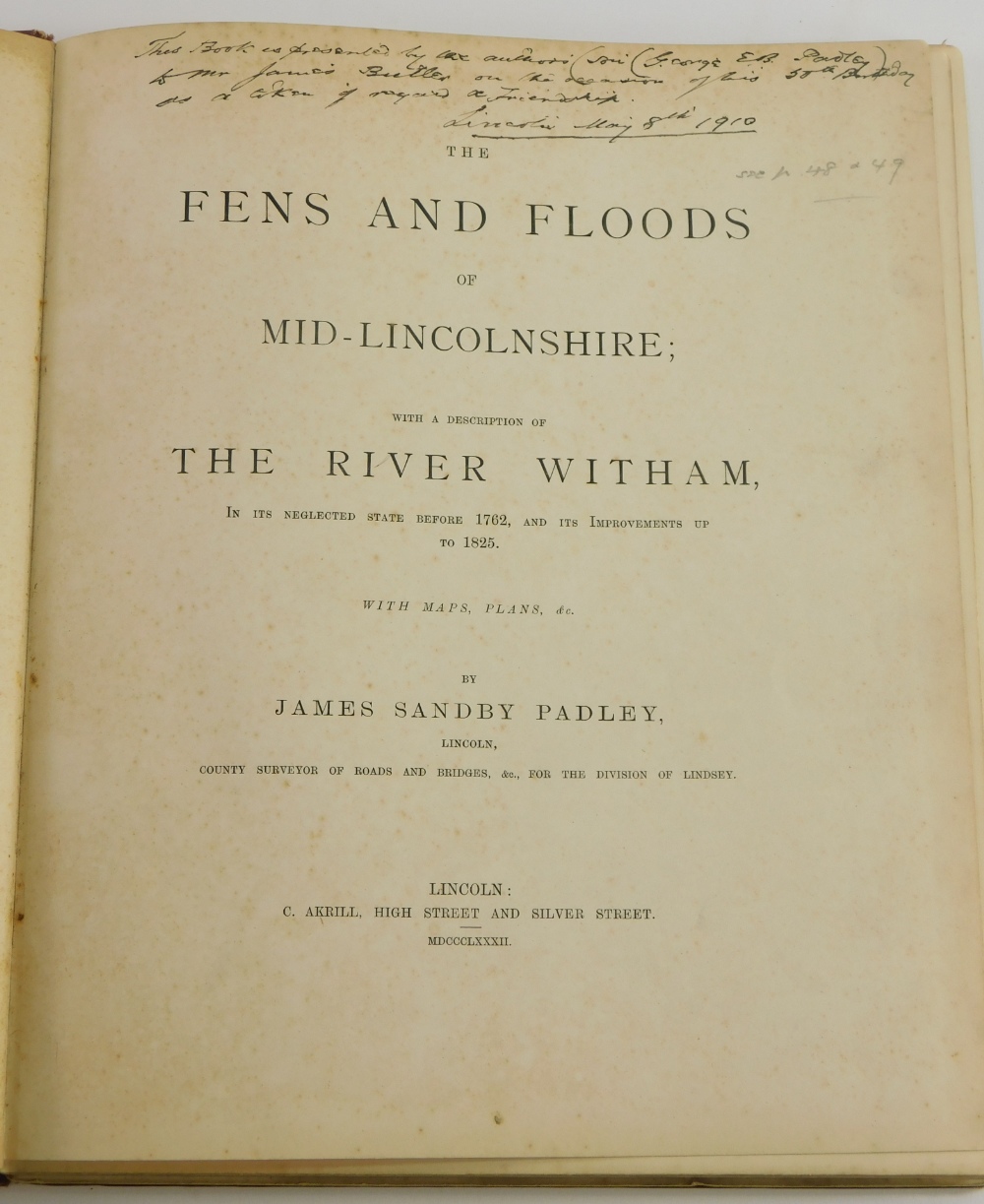 Padley (J.S). FENS AND FLOODS OF MID-LINCOLNSHIRE, author's presentation copy, list of subscribers, - Bild 2 aus 7