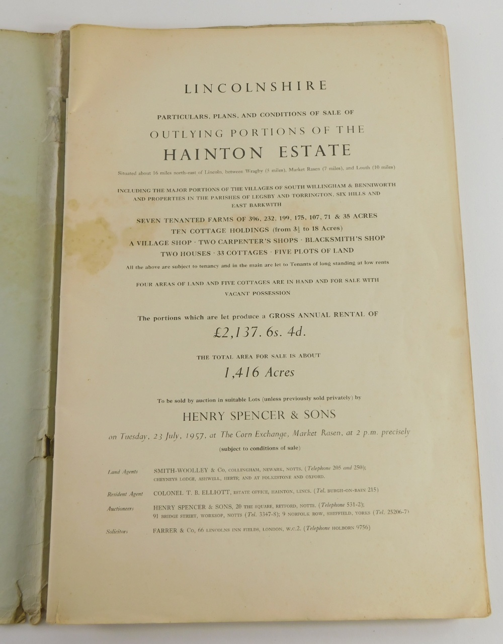 A 1957 Henry Spencer's sale catalogue, Outlying Portions of The Hainton Estate, sold Tuesday 23rd Ju - Bild 2 aus 6