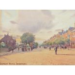 After W B Thomas. A framed postcard, Lumley Road, Skegness, 9cm x 14cm, after Thomas print and a fur