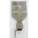 A Lincolnshire case aluminium bus stop sign, of shield form and cast with a cross, signs of original
