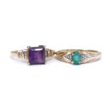 A 9ct gold and emerald solitaire ring, claw set, size O, together with a 9ct gold and amethyst ring,