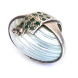A designer silver blister pearl and emerald set ring, in an oval setting, with abstract overlay, siz