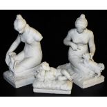 A pair of late 19thC Continental parian figures, each modelled in the form of a maiden seated with a