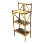 A Victorian Aesthetic bamboo and lacquered three tier whatnot, with raised back, painted lacquer she