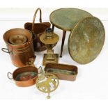 A group of metalware, to include a Victorian copper oil lamp, 40cm high, a two handled tureen, a Bre