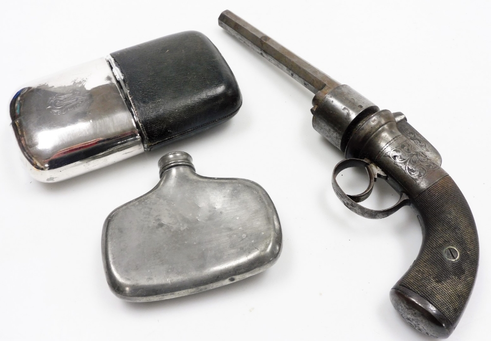 A 19thC transitional bar hammer percussion revolver, six shot, 80 bore, with an octagonal barrel, wi