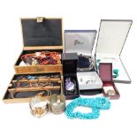 Assorted costume jewellery, including a turquoise necklace, Seksy lady's dress wristwatch, assorted