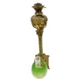 A 19thC Hinks Bright and Co Burton Street Duplex oil lamp, with a clear and etched green glass shade