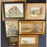 A group of pictures and prints, to include H Stanton, sailing boats on lake with cottage before moun