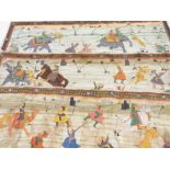 Three Indian hand painted silk work pictures, depicting hunting scenes on elephants and horseback, e