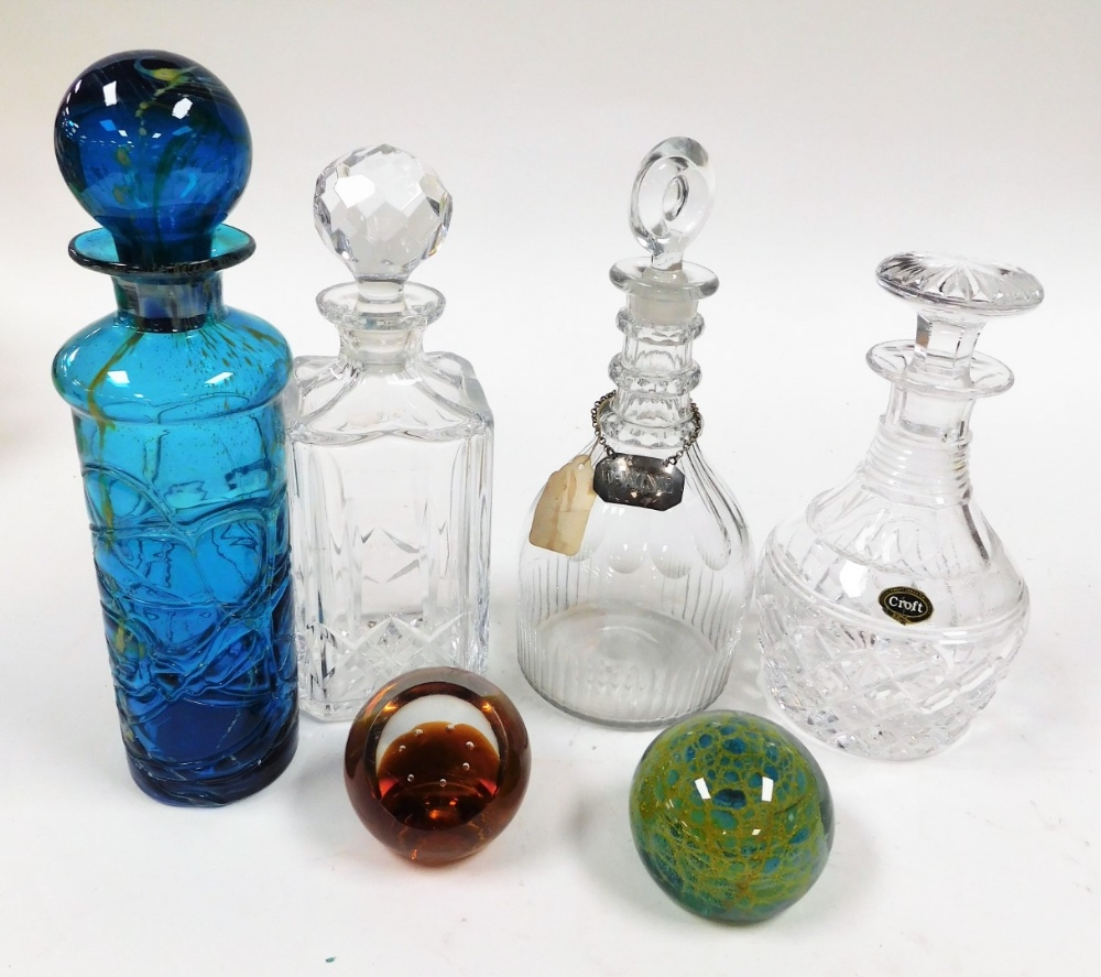 A group of glassware, to include a Croft cut glass decanter, 23cm high, a Murano style glass decante