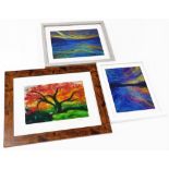 Three felt work pictures, depicting flowering tree, and two seascapes, indistinctly signed.